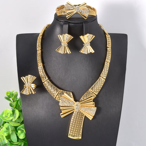 Overseas Dubai 18K Gold Bride Knot Wedding Necklace Earrings Set Ring Bracelet Set India Women Banquet Jewelry Set