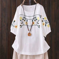 Women's Summer Ethnic Artistic Plus Size Linen Cotton Embroidered Short Sleeve Loose - White
