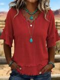 Summer Casual Short Sleeve V-Neck Loose Frayed Shirt