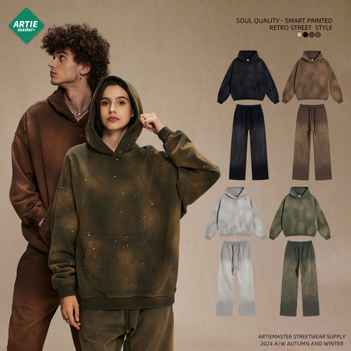 Unisex Fall/Winter Streetwear Retro Fleece 450G Distressed Washed Oversize Loose Fit Set
