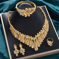 New Dubai 18k Leaves Full Diamond Jewelry Africa Cutout Grain Bride Necklace Earrings Set Bracelet Ring Set