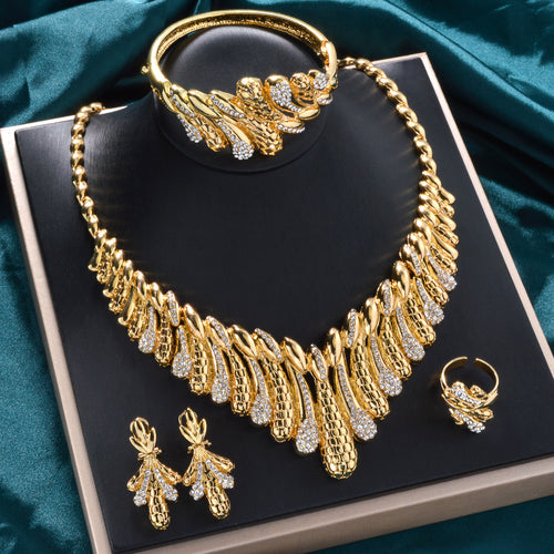 New Dubai 18k Leaves Full Diamond Jewelry Africa Cutout Grain Bride Necklace Earrings Set Bracelet Ring Set