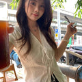 Summer Korean Slimming Lace Short Sleeve Tie-Front Lace Trim Textured Shirt