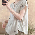 Women's Summer New Chinese Ethnic Linen Cotton Embroidered Short Sleeve Tee + Top 202 - Natural Linen