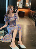 Purple Puff Sleeve Floral Fitted Long Dress with Side Slit
