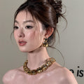 Western Statement Square Rhinestone Necklace Earrings Set Women Light Luxury Premium Niche Clavicle Chain Banquet Necklace