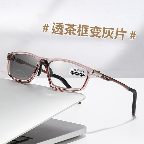 Bifocal Photochromic Reading Glasses Unisex Aluminum Magnesium Spring Temple Outdoor Sports Cycling Glasses Distance Near Non-Slip Old Vision Glasses