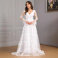 Long Sleeve V-Neck Lace Wedding Gown - Elegant Cathedral Train Bridal Dress