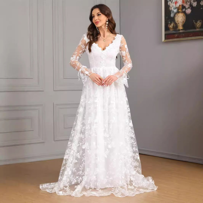 Long Sleeve V-Neck Lace Wedding Gown - Elegant Cathedral Train Bridal Dress