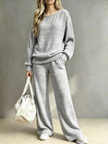 Fall-Winter Casual Fashion Knit Long Sleeve Wide Leg Pants + Top 2-Piece Set
