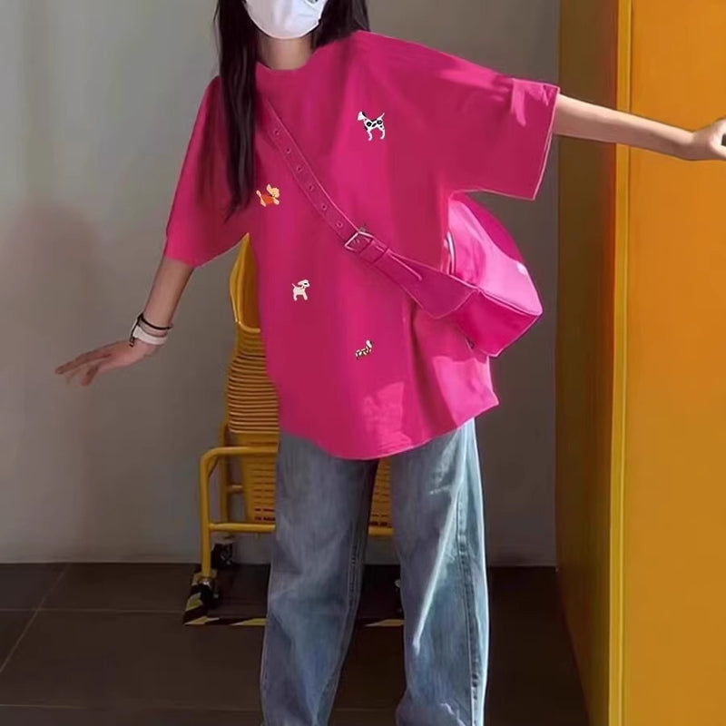 Extra Large Cotton Dopamine Pink T-Shirt - Korean Retro Oversized Top Women