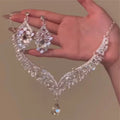 Banquet Luxury ~ Full Diamond Geometric Teardrop Stud Earring Necklace Set Women Exquisite Clavicle Chain Light Luxury Premium Necklace