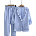 Women's Linen Cotton 3/4 Sleeve Textured Loose Elastic Jacket + Pants Set 2026 - Black