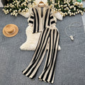Retro Slimming Plus Size Knit Striped Loose Color-Block Wide Leg Pants + Cardigan Set