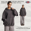 American Streetwear 430G Washed Distressed Snow-Denim Frayed Edge Faux Layered Hoodie