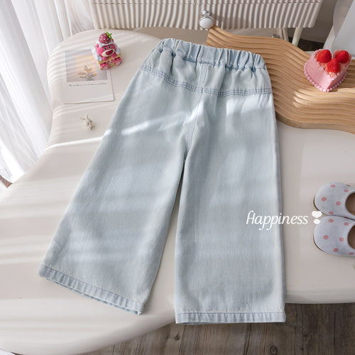 Girls' Cartoon Embroidered Wide-Leg Jeans