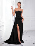 Women's Rhinestone Slit Strapless Evening Gown