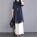 Summer Artistic Plus Size Cotton Short Sleeve Loose Mid-Length Long Wide Leg Pants + Shirt Set