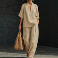 Summer Old Money Relaxed Linen Short Sleeve V-Neck Loose Wide Leg Pants + Top 2-Piece Set