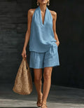 Summer Old Money Relaxed Linen Short Sleeve V-Neck Loose Wide Leg Pants + Top 2-Piece Set