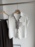 Summer Korean Casual Embroidered Short Sleeve Loose Cuffed Topstitched Shirt