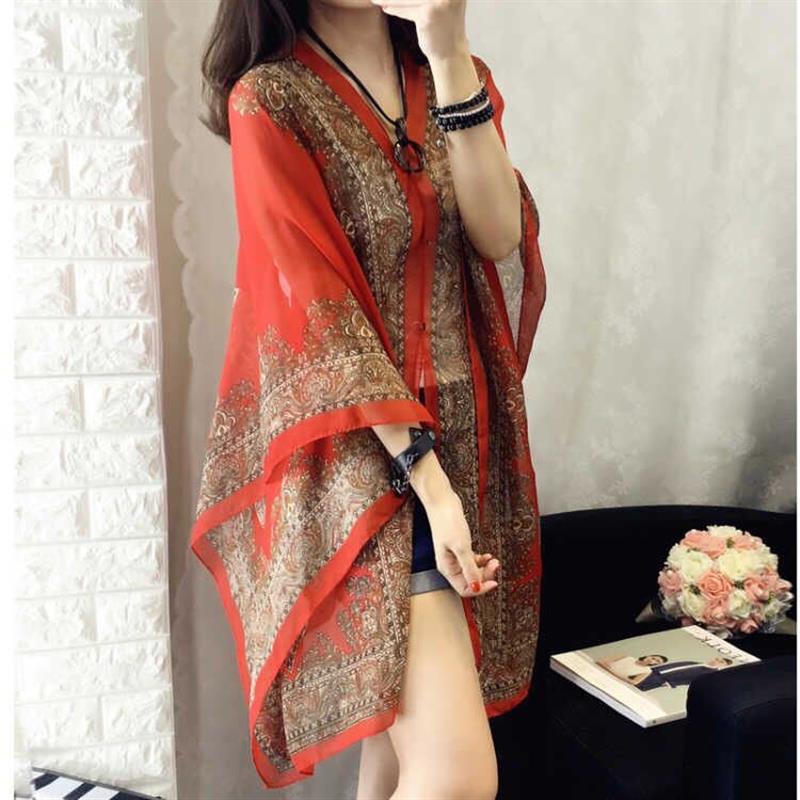 Women's Summer Ethnic Retro Chiffon Printed Lightweight Sun-Protection Top + Shawl + - Black