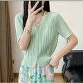 Women's Spring-Summer Versatile Short Sleeve Pleated Lightweight Cardigan + Jacket 20 - Yellow-Green