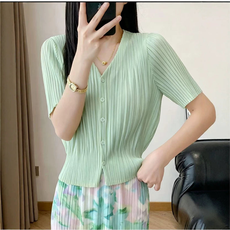 Women's Spring-Summer Versatile Short Sleeve Pleated Lightweight Cardigan + Jacket 20 - Yellow-Green