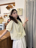 Summer Korean Petite Short Sleeve Tie-Front Patchwork Lace Trim Shirt