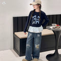 Girls' Lace Hem Bow T-Shirt & Printed Jeans Set
