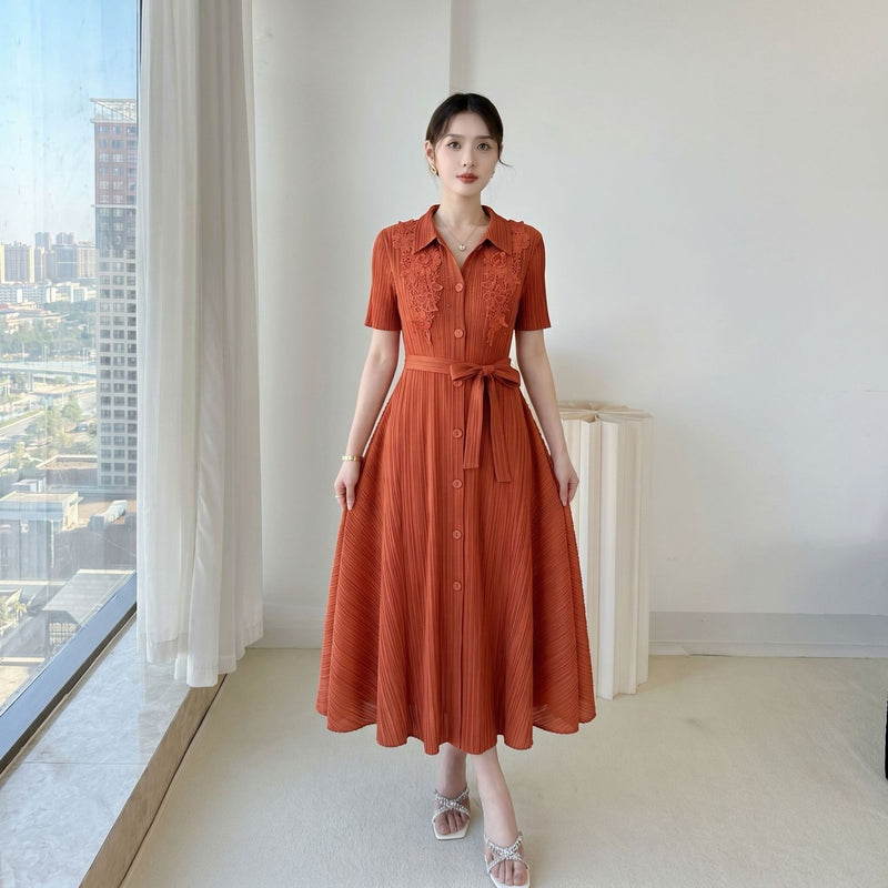 Pleated Embroidered Rhinestone Fitted Dress, 2023 Summer New