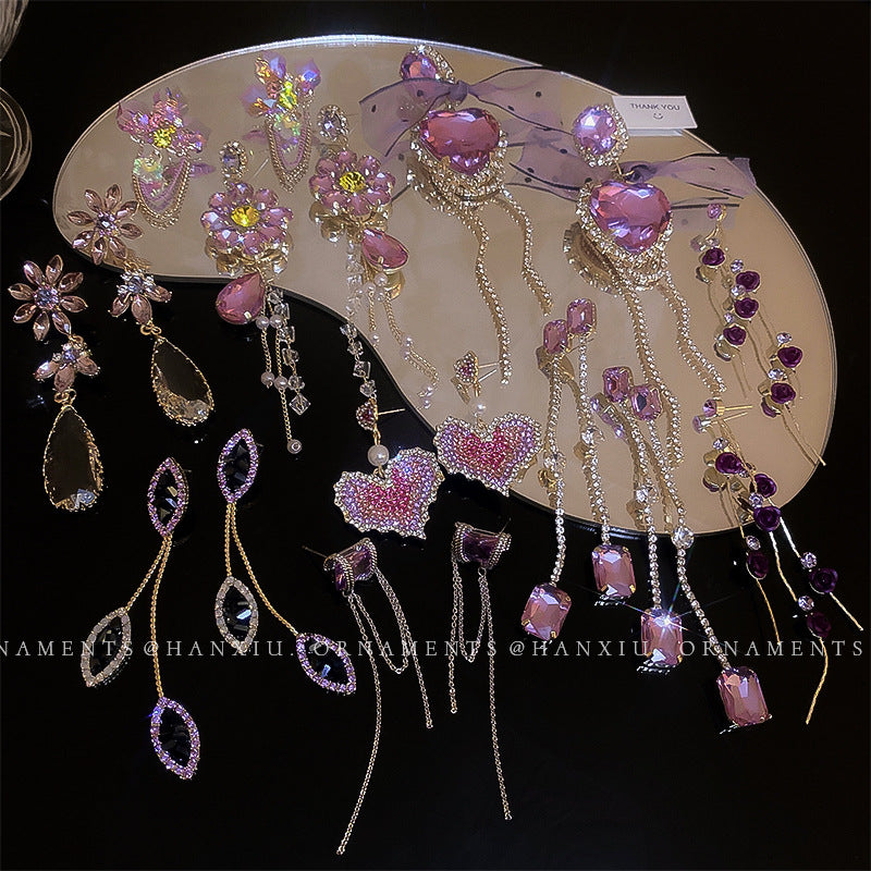 Purple Rhinestone Flower Tassel Earrings - view 3