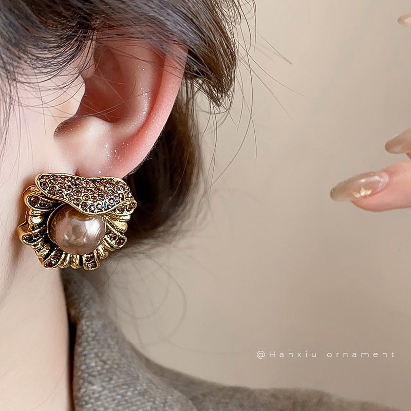 Vintage Rhinestone Flower Pearl Stud Earrings - view 3