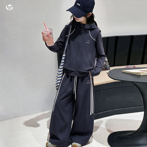 Girls' Embroidered Hooded Jacket Stripe Wide-Leg Pants Set