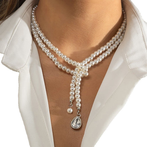 Western Teardrop Cubic Zirconia Faux Pearl Double-Layer Can Comb Knot Necklace Fashionable Personality Long Sweater Chain Women Wholesale