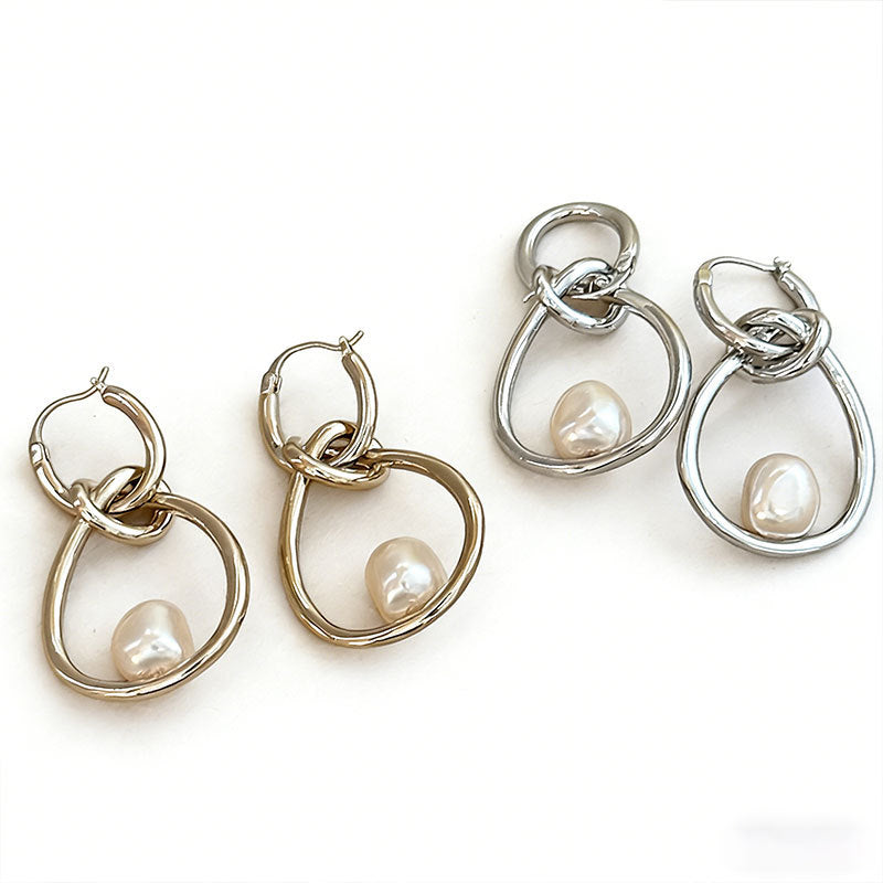 French Vintage Oval Pearl Hoop Earrings - view 5