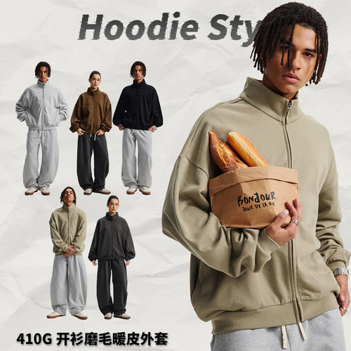 Men's Fall/Winter Western Brushed 410G Zip Stand Collar Hoodie - Warmth