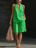 Summer Old Money Relaxed Linen Short Sleeve V-Neck Loose Wide Leg Pants + Top 2-Piece Set