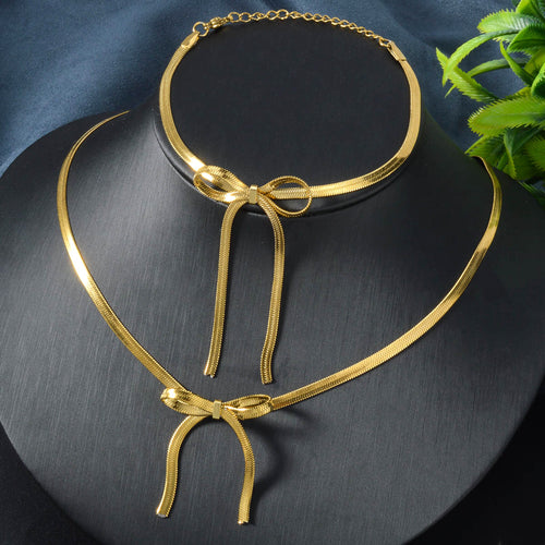 Western No Fade Women Premium Bow Versatile Simple Niche Fresh 18K Gold Necklace Bracelet Set