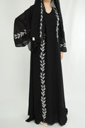 Turkish Style Pink Chiffon Plant Print Embroidered Long Dress
