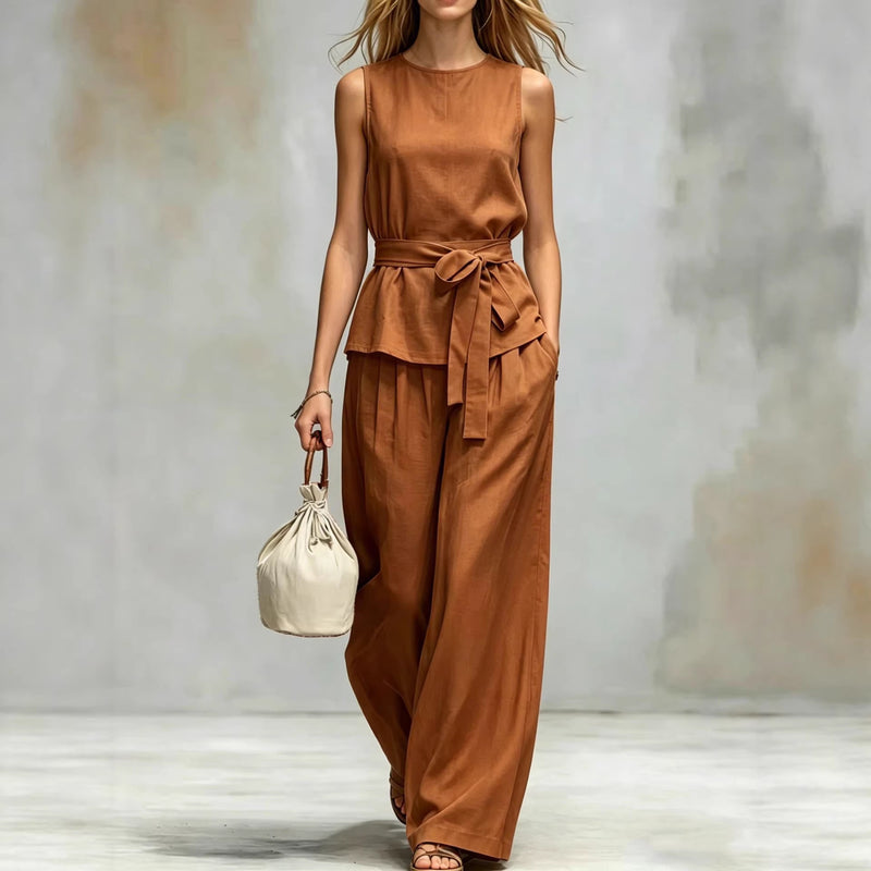 Spring-Summer Fashion Sleeveless Belt Pants + Top 2-Piece Set