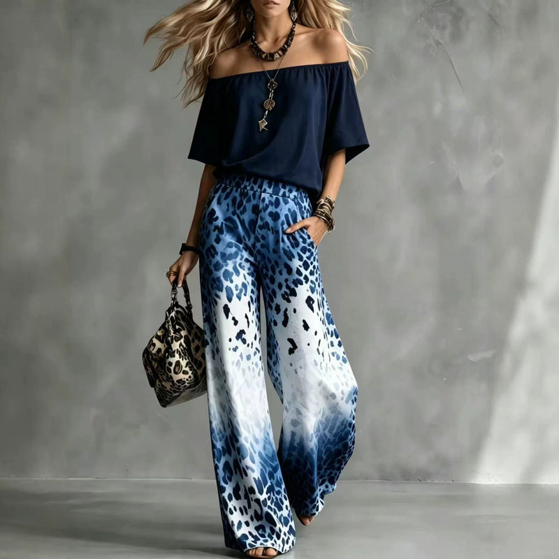 Summer Off-Shoulder Boat Neck Leopard Gradient Wide Leg Pants + Top 2-Piece Set
