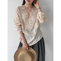 Summer Korean Slimming Ramie Embroidered Long Sleeve Patchwork Loose Shirt