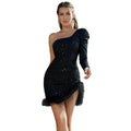Women's Sequin Feather Bodycon Elegant Long Sleeve Dress