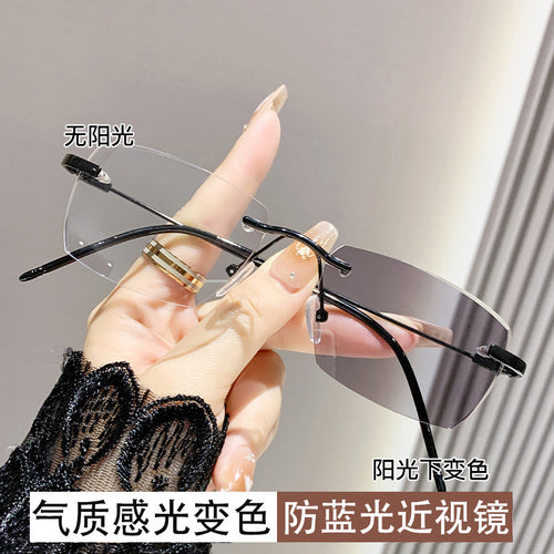 Pure Seduction Prescription Light Feel Photochromic Glasses Rimless Si Pattern Trendy Anti-Blue Fashionable Elegant With Rx Beveled Prescription Sunglasses