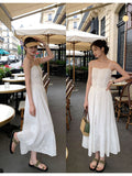 White Heavy Embroidery Camisole Dress, French Style Fitted A-Line