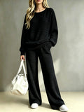 Fall-Winter Casual Fashion Knit Long Sleeve Wide Leg Pants + Top 2-Piece Set