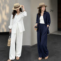 Fall Old Money Retro Linen Long Sleeve Loose Wide Leg Pants + Shirt 2-Piece Set