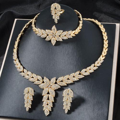 Overseas Supply High-End Leaves Full Diamond Cubic Zirconia Necklace Bracelet Set Earrings Ring Set Women Light Luxury Accessory