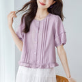Summer Korean Fashion Short Sleeve Crew Neck Patchwork Lace Trim Shirt
